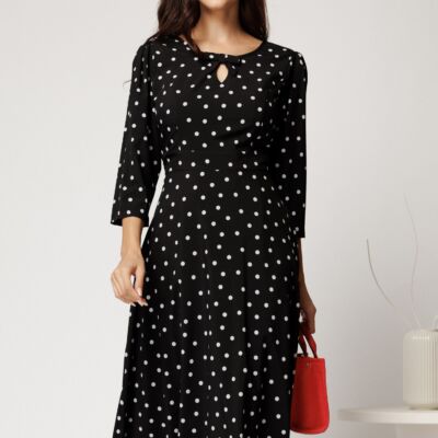 Black Friday Rochie midi neagra cu buline din viscoza in clos cu funda si decupaj la decolteu