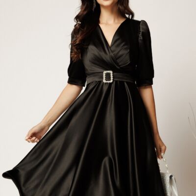 Black Friday Rochie midi neagra din tafta cu decolteu in V si cordon cu catarama
