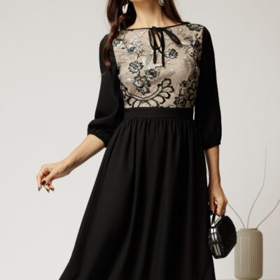 Black Friday Rochie midi neagra din triplu voal in clos cu bust bej din dantela