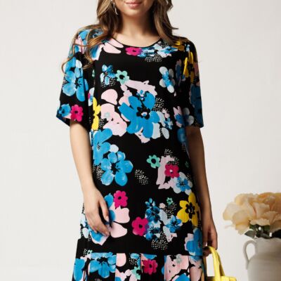 Black Friday Rochie midi neagra din viscoza cu croi drept si flori albastre