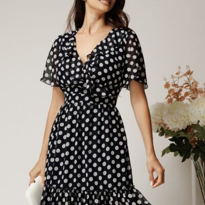 Black Friday Rochie midi neagra din voal cu buline albe si volane