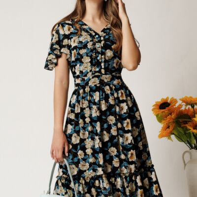 Black Friday Rochie midi neagra din voal cu imprimeuri florale bej in clos cu volanase