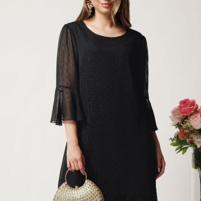 Black Friday Rochie midi neagra din voal cu picatele si insertii din fir lurex