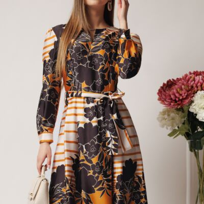 Black Friday Rochie midi office de zi cu imprimeu galben mustar