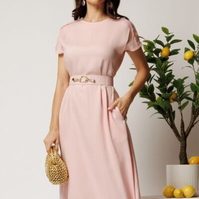 Black Friday Rochie midi roz din tencel cu croi evazat si curea in talie