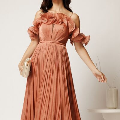 Black Friday Rochie midi somon in clos din voal satinat cu volanase la bust si la baza