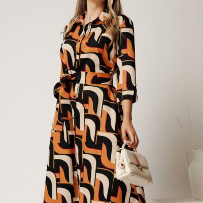 Black Friday Rochie midi tip camasa maro cu imprimeuri negre si cordon in talie