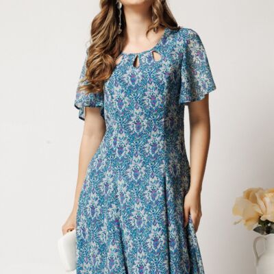 Black Friday Rochie midi turcoaz cu mov din voal in clin cu fir lurex si decupaje la decolteu