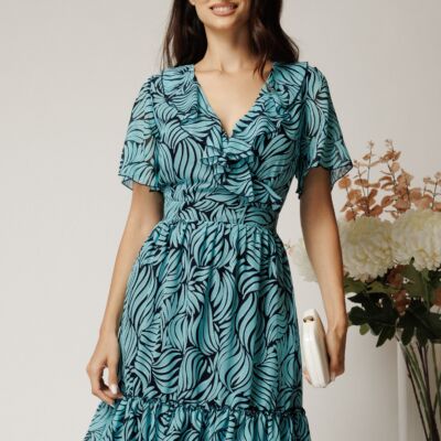 Black Friday Rochie midi turcoaz din voal cu imprimeu si volane