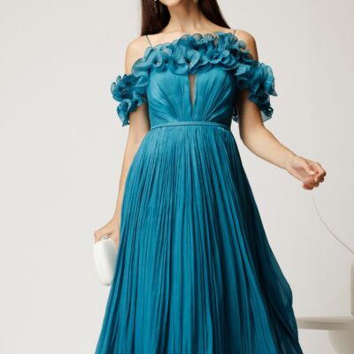 Black Friday Rochie midi turcoaz in clos din voal satinat cu volanase la bust si la baza