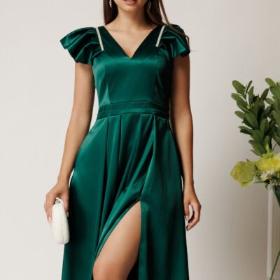 Black Friday Rochie midi verde din tafta in clos cu perlute si volane la maneci