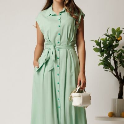 Black Friday Rochie midi verde mint din viscoza cu nasturi si cordon