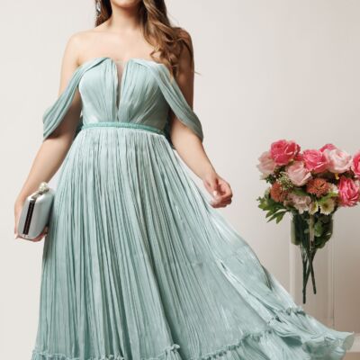 Black Friday Rochie midi verde mint in clos din voal satinat cu aplicatii cazute pe umeri