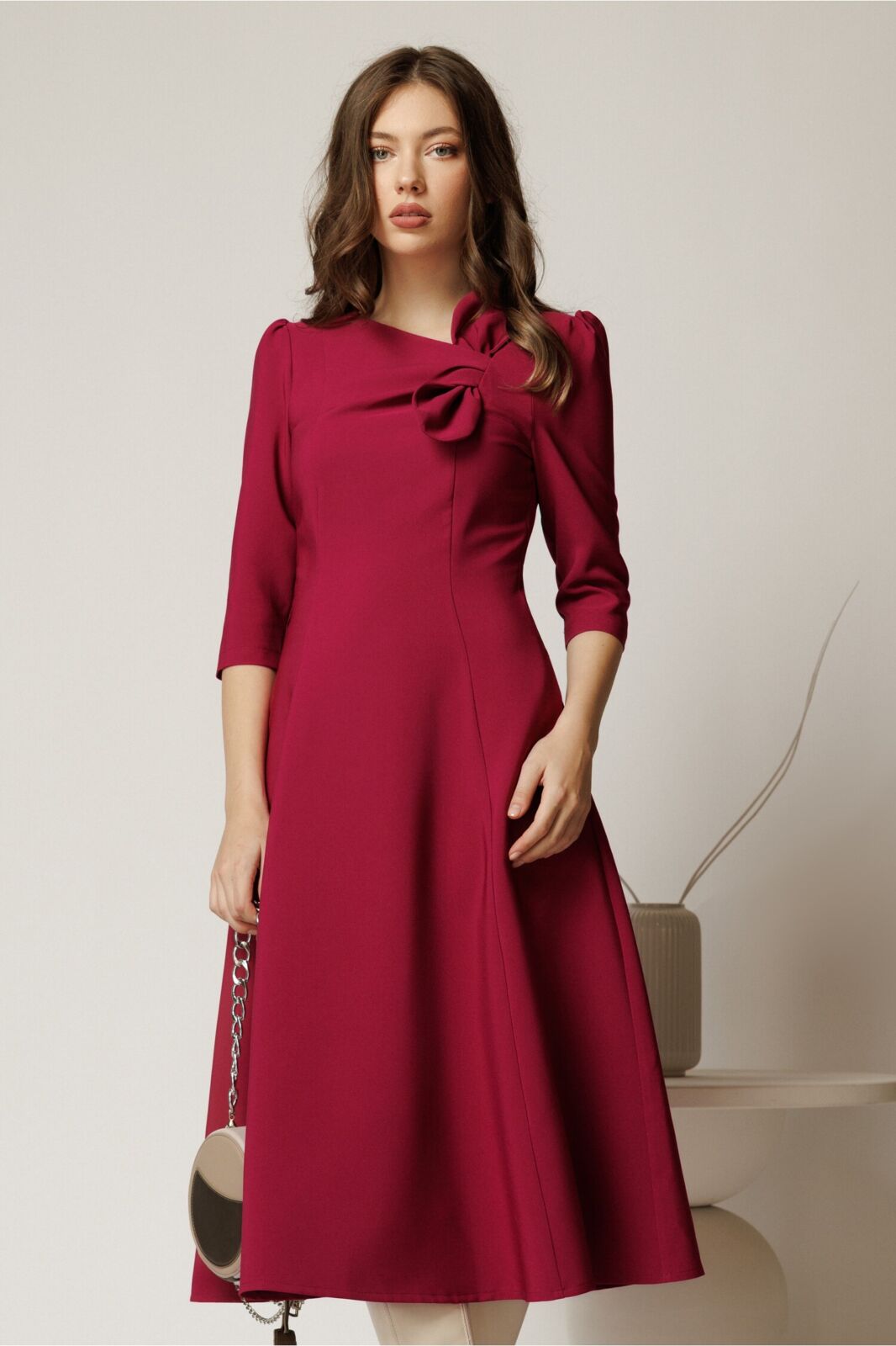 Black Friday Rochie office din stofa magenta cu funda la bust