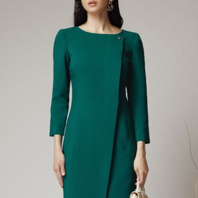 Black Friday Rochie office din stofa verde cu accesoriu discret