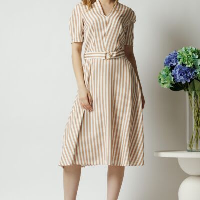 Black Friday Rochie office din viscoza bej cu dungi si cordon in talie