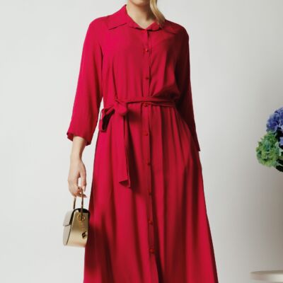 Black Friday Rochie office din viscoza fucsia cu cordon in talie