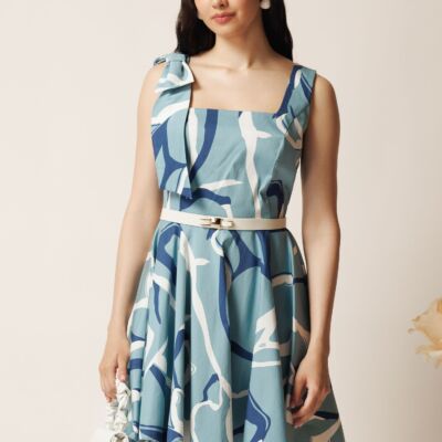 Black Friday Rochie scurta bleu in clos cu imprimeuri si curea detasabila in talie