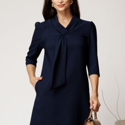 Black Friday Rochie scurta bleumarin din stofa cu croi cambrat si guler tip esarfa