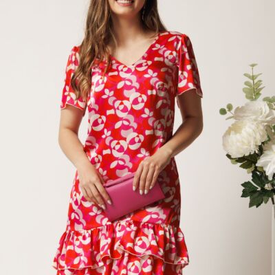 Black Friday Rochie scurta fucsia din voal lejera cu print rosu si volane la baza- Moze