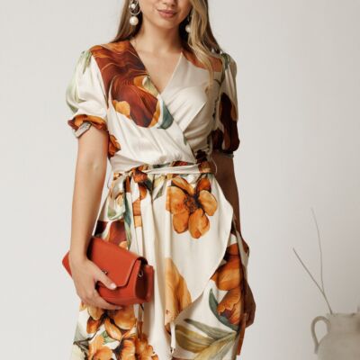 Black Friday Rochie scurta ivory din satin cu imprimeu maro si cordon in talie