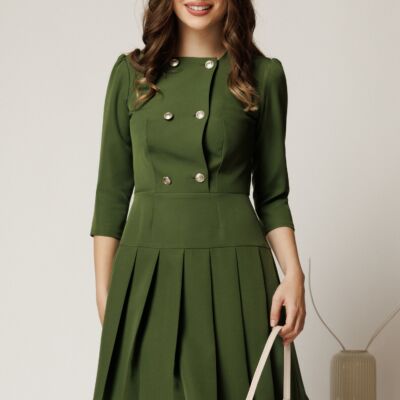 Black Friday Rochie scurta kaki cu nasturi pe bust si pliuri pe fusta