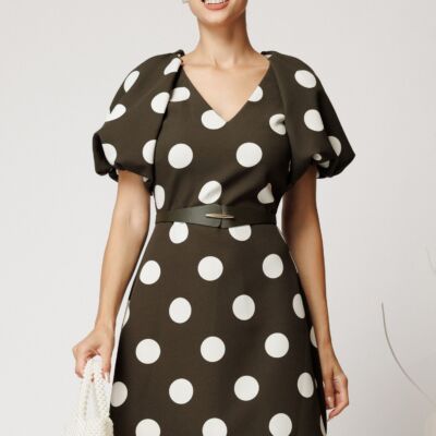 Black Friday Rochie scurta kaki din stofa cu buline si curea in talie