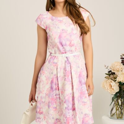 Black Friday Rochie scurta lila cu flori in clos cu buzunare si curea in talie