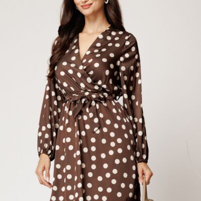 Black Friday Rochie scurta maro din satin cu buline albe si cordon in talie