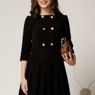 Black Friday Rochie scurta neagra cu nasturi pe bust si pliuri pe fusta