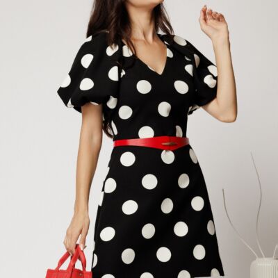 Black Friday Rochie scurta neagra din stofa cu buline si curea in talie