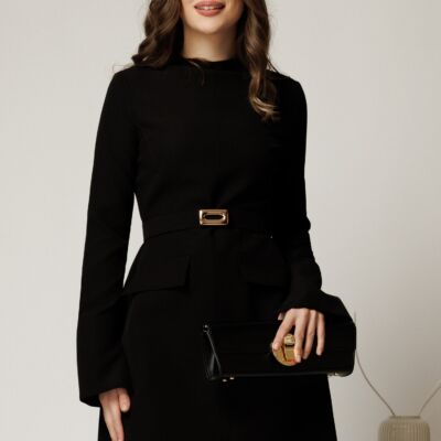 Black Friday Rochie scurta neagra din stofa cu clapete tip buzunare si curea in talie
