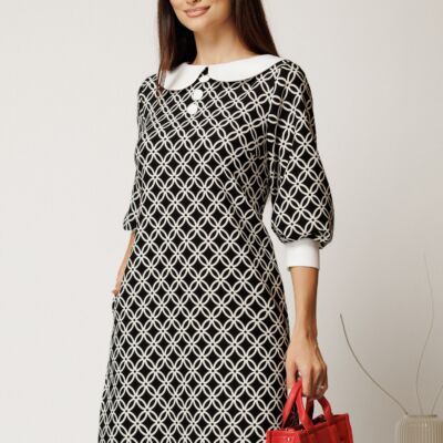 Black Friday Rochie scurta neagra din stofa cu imprimeu geometric si guler alb