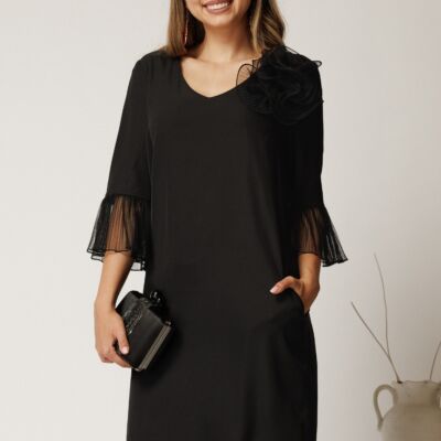 Black Friday Rochie scurta neagra din stofa cu mansete din voal plisat si floare maxi