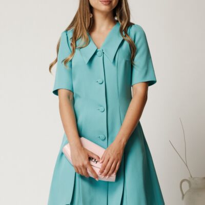 Black Friday Rochie scurta turcoaz din stofa in clini cu nasturi si guler maxi