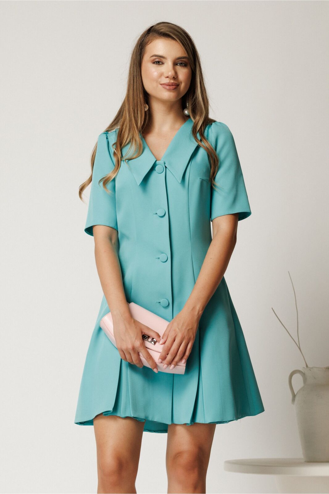 Black Friday Rochie scurta turcoaz din stofa in clini cu nasturi si guler maxi