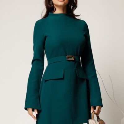 Black Friday Rochie scurta verde din stofa cu clapete tip buzunare si curea in talie