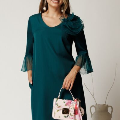 Black Friday Rochie scurta verde din stofa cu mansete din voal plisat si floare maxi