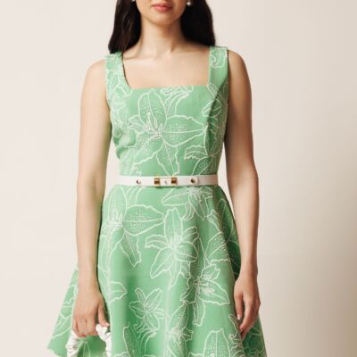 Black Friday Rochie scurta verde in clos cu model floral 3D si curea in talie