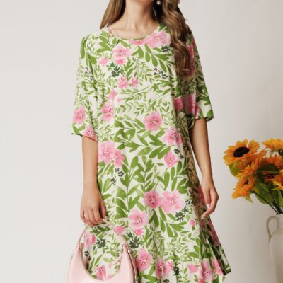 Black Friday Rochie vaporoasa ivory cu flori roz din viscoza cu croi drep