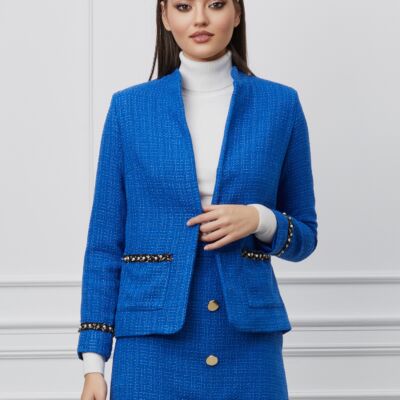 Black Friday 2022 Sacou Dy Fashion albastru din tweed cu aplicatii