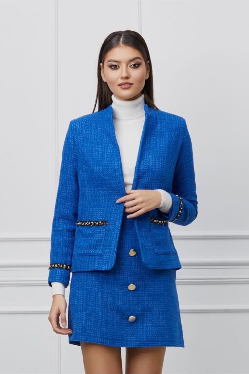 Black Friday 2022 Sacou Dy Fashion albastru din tweed cu aplicatii