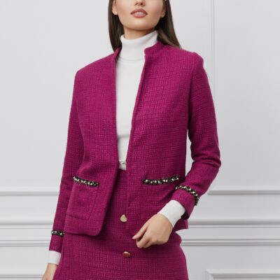 Black Friday 2022 Sacou Dy Fashion magenta din tweed cu aplicatii