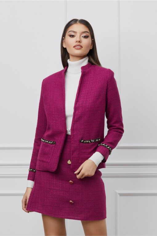 Black Friday 2022 Sacou Dy Fashion magenta din tweed cu aplicatii