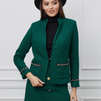 Black Friday 2022 Sacou Dy Fashion verde din tweed cu aplicatii