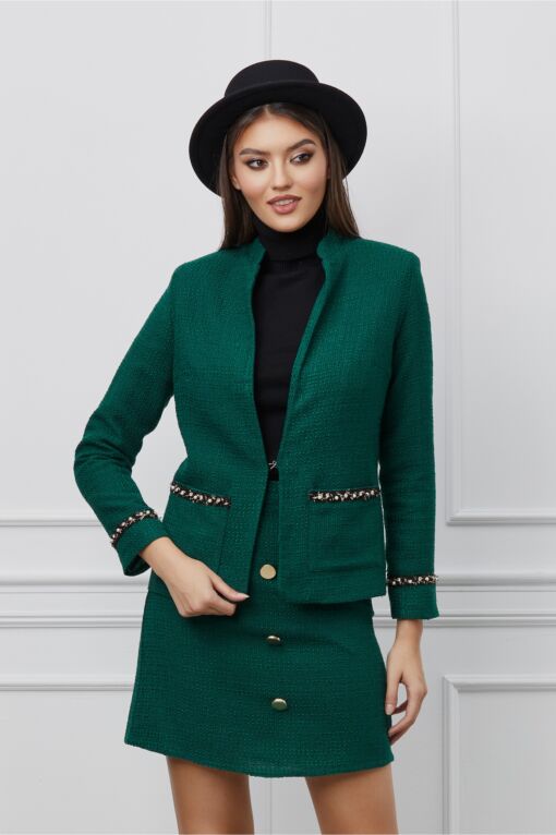 Black Friday 2022 Sacou Dy Fashion verde din tweed cu aplicatii