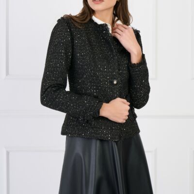 Black Friday Sacou LaDonna elegant din tweed negru cu fir lurex si paiete
