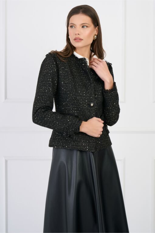 Black Friday Sacou LaDonna elegant din tweed negru cu fir lurex si paiete