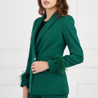 Black Friday Sacou Moze verde cu pene la maneci