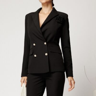 Black Friday Sacou negru din stofa cu croi cambrat si floare pe bust